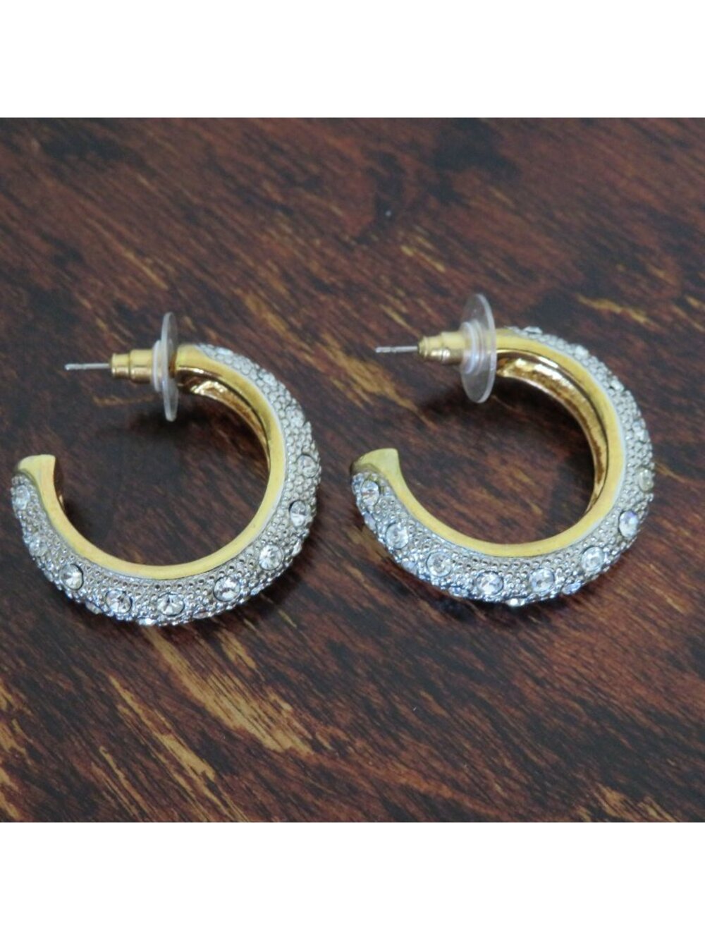 Vintage 90s Gold & Rhinestone Embellished Hoop Earrings Push-Back Closure